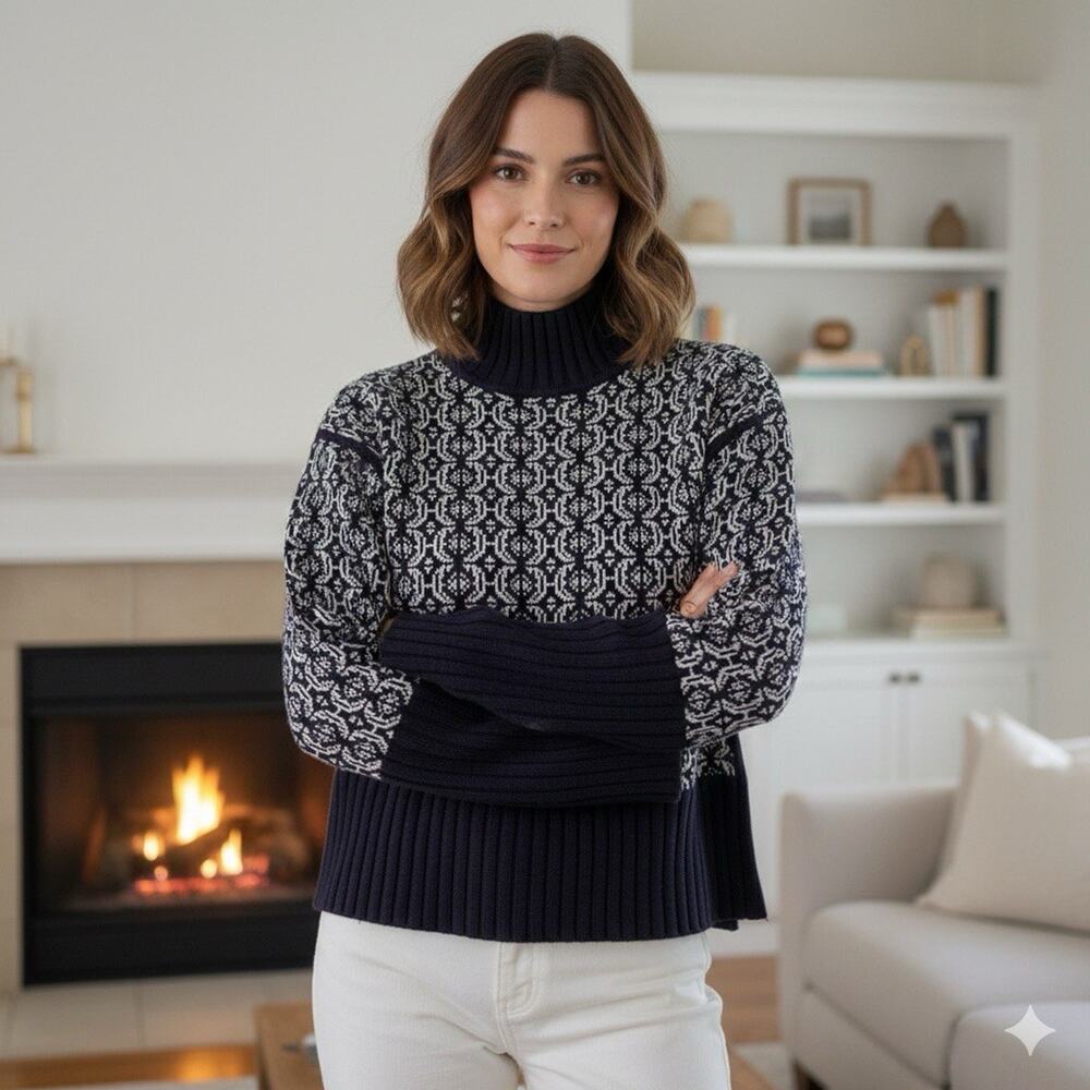 Free Assembly Pullover Mock Neck Sweater Tall Cuff Fair Isle Navy SZ XS NWT